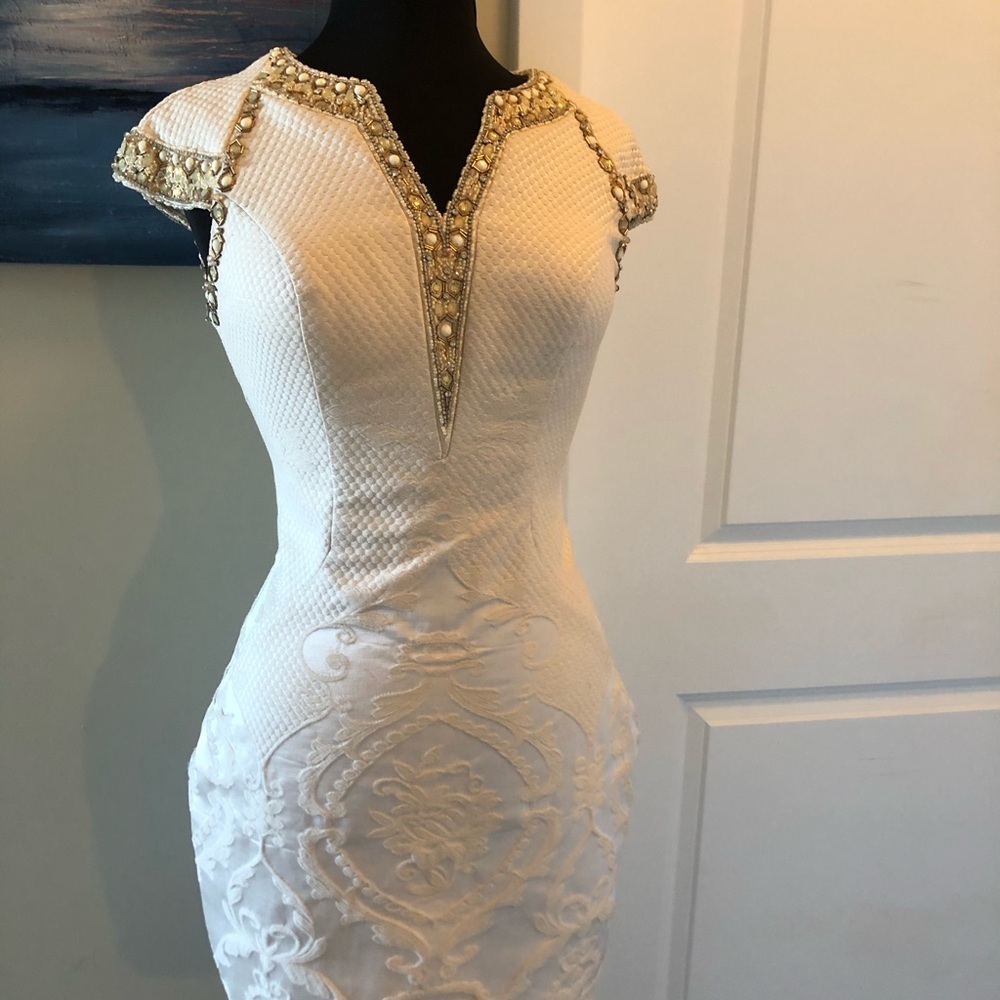 Tony Bowls Cream Dress with Gold Accents